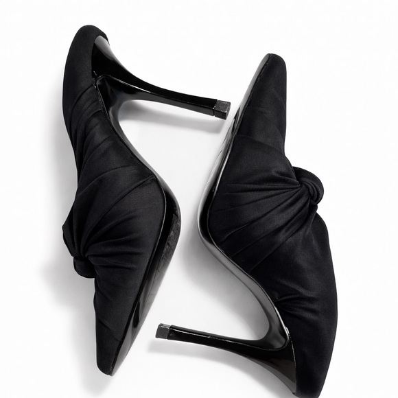 Black Satin Knot Mule Heels Pointed Toe Minimal Chic Size 5 - Picture 3 of 9